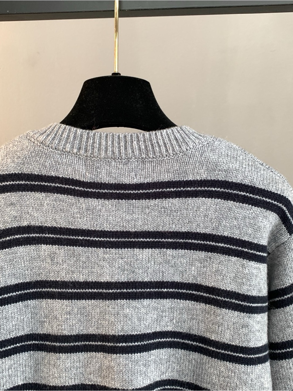 Miu Miu Gray Crewneck Sweater with Navy Stripes - Picture 4 of 10